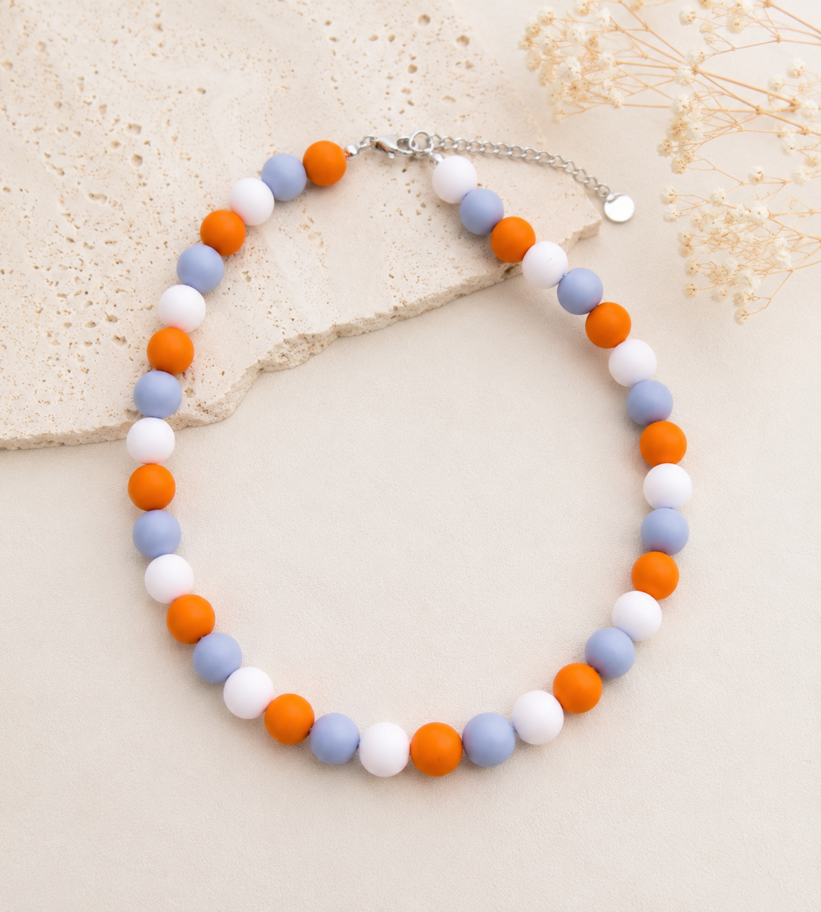 Colar Bolas Laranja, Branco e Azul